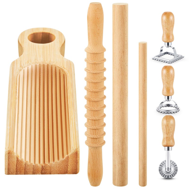 Tioncy 7 Pcs Gnocchi Pasta Making Tool Wood Gnocchi Board with Ravioli Stamp and Rolling Pin Set Homemade Kitchen Gift for Baking LoversCurve Style