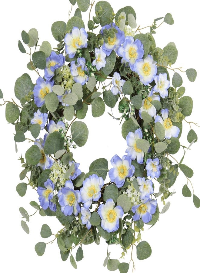 Quixem 20 Inch Spring Wreath for Front Door, Artificial Blue Wildflower & Eucalyptus Wreath with White Berries, Farmhouse Summer Decor for Porch Wall Wedding - Image 1