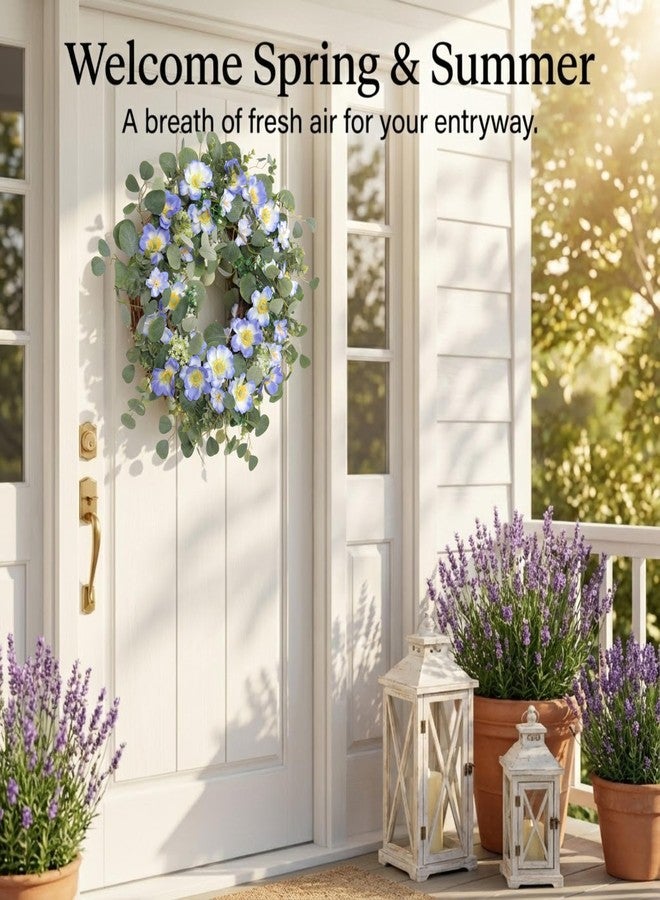 Quixem 20 Inch Spring Wreath for Front Door, Artificial Blue Wildflower & Eucalyptus Wreath with White Berries, Farmhouse Summer Decor for Porch Wall Wedding - Image 2