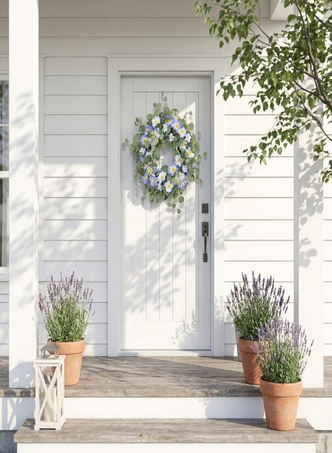 Quixem 20 Inch Spring Wreath for Front Door, Artificial Blue Wildflower & Eucalyptus Wreath with White Berries, Farmhouse Summer Decor for Porch Wall Wedding - Image 3
