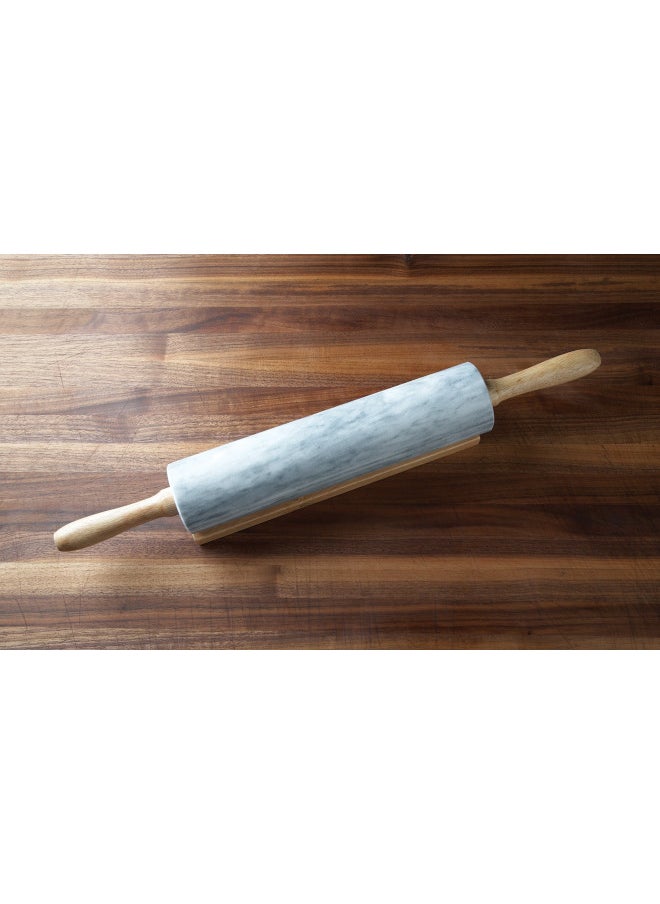 Fox Run Polished Marble Rolling Pin with Wooden Cradle, 10-Inch Barrel, White