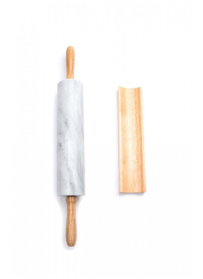 Fox Run Polished Marble Rolling Pin with Wooden Cradle, 10-Inch Barrel, White