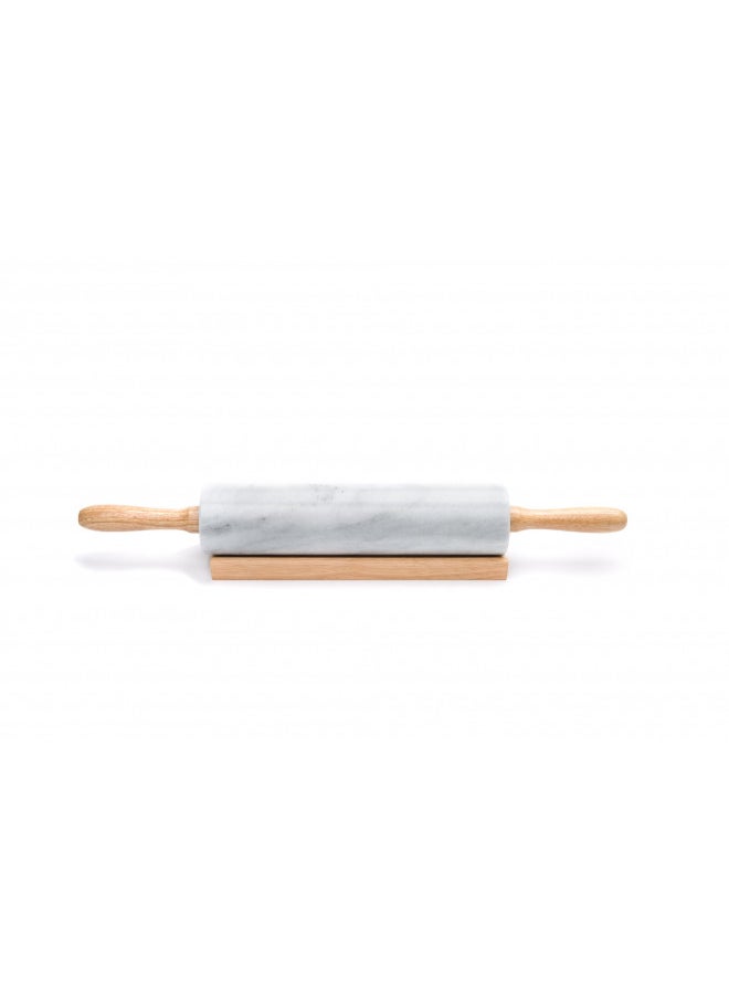 Fox Run Polished Marble Rolling Pin with Wooden Cradle, 10-Inch Barrel, White