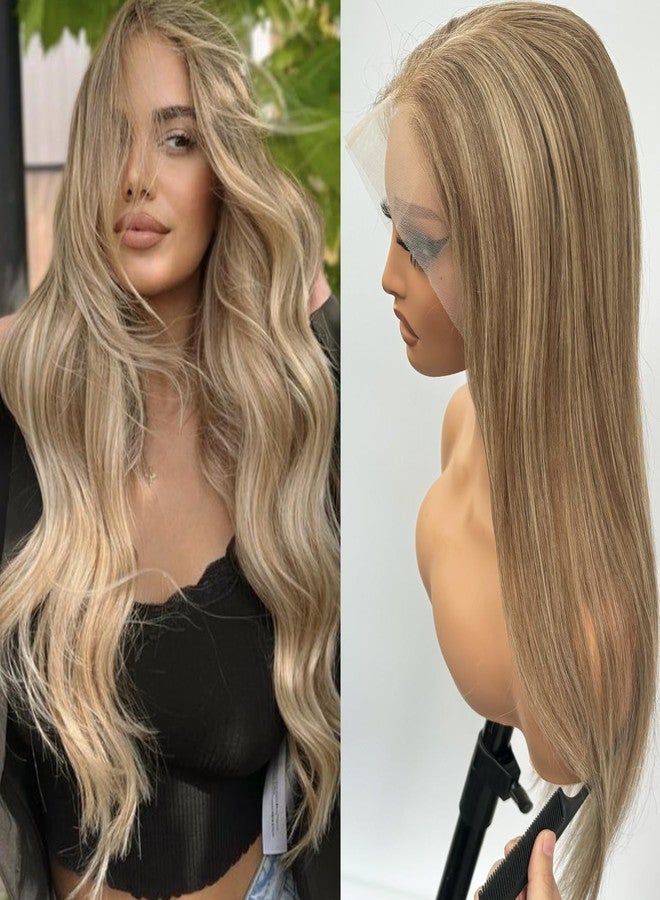 Valiilo Highlight 13x6 Lace Front Wig Real Human Hair Pre Plucked Ash Brown Roots to to Ash Blonde to Platinum Blonde Highlights Wig Human Hair 180% Density Ombre Blonde Glueless Lace Frontal Wig 22 Inch - Image 2