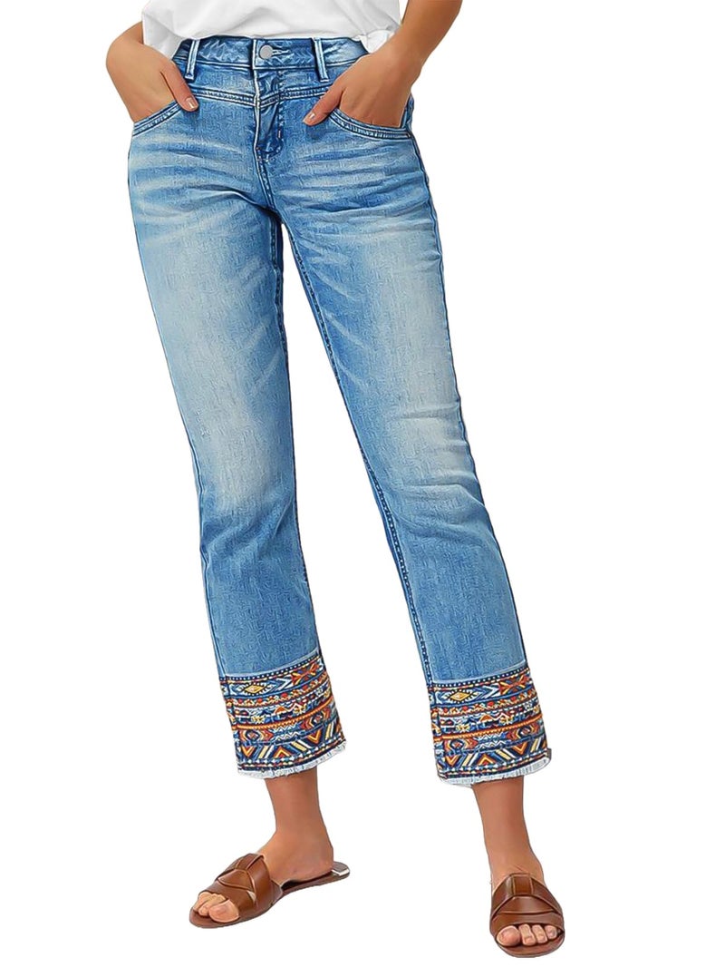 Flamingals Straight Leg Cropped Jeans for Women Trendy Mid Rise Stretchy Tribal Embroidery Raw Hem Ankle Jeans Light Blue S - Image 1