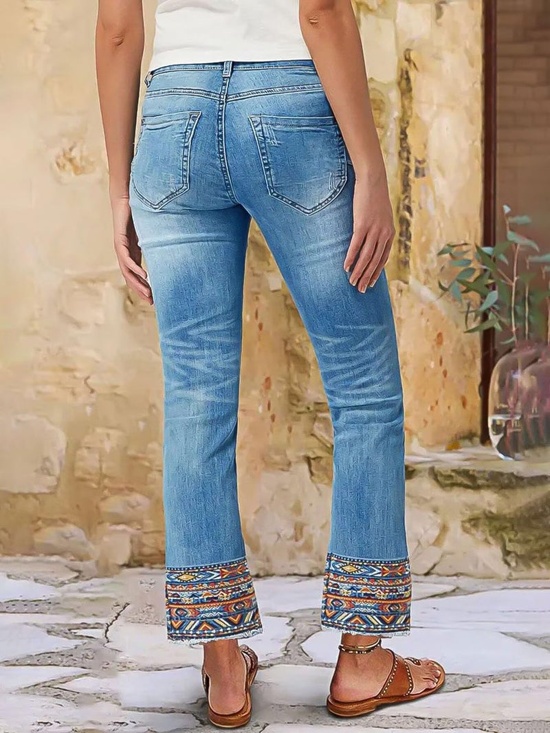 Flamingals Straight Leg Cropped Jeans for Women Trendy Mid Rise Stretchy Tribal Embroidery Raw Hem Ankle Jeans Light Blue S - Image 2