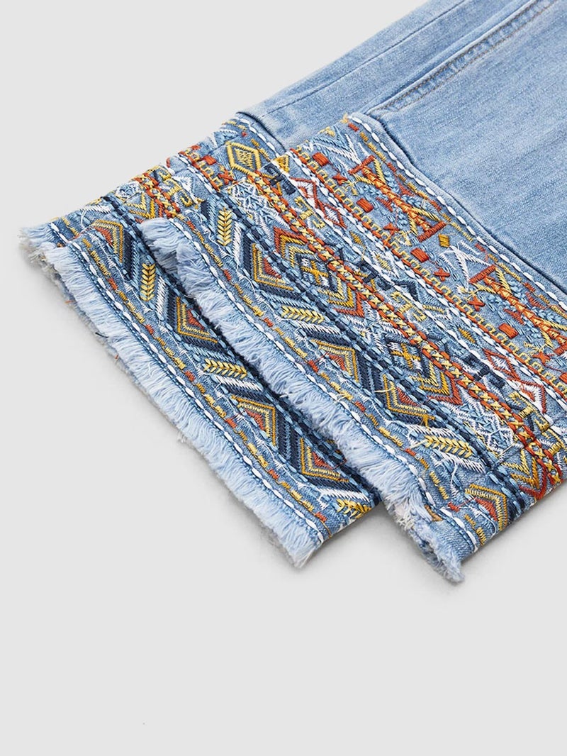 Flamingals Straight Leg Cropped Jeans for Women Trendy Mid Rise Stretchy Tribal Embroidery Raw Hem Ankle Jeans Light Blue S - Image 4