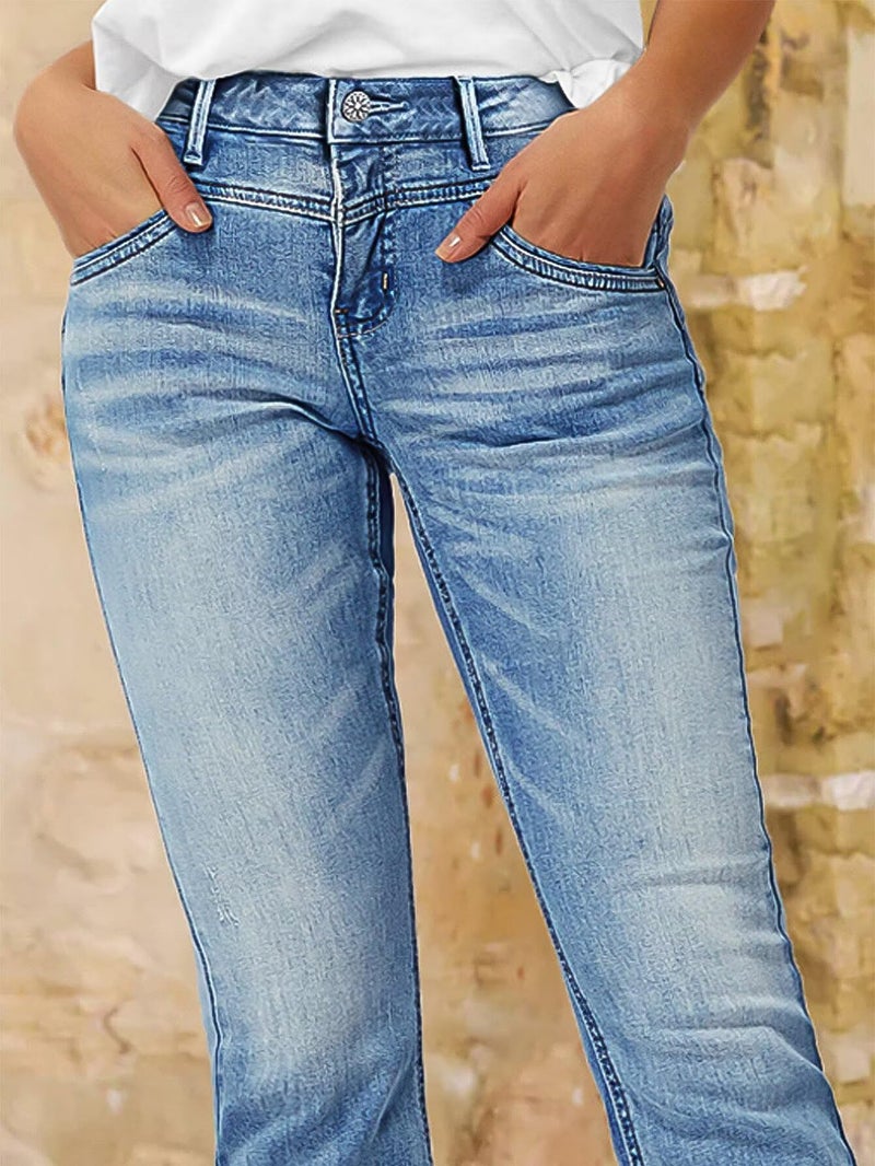 Flamingals Straight Leg Cropped Jeans for Women Trendy Mid Rise Stretchy Tribal Embroidery Raw Hem Ankle Jeans Light Blue S - Image 3