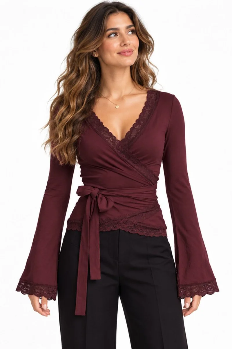 هيكاب Lace Detail Wrap Neck Long Sleeve Tie Blouse
