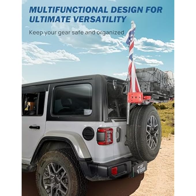 rayihni Rear Cargo Basket on OE Tailgate for 2018-2025 Wrangler JL & JLU | Heavy Duty 440LBS Capacity | Adjustable Multi-Functional Tactical Panels with Flag Pole Mount & Net Rope - Image 2