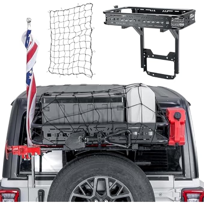 rayihni Rear Cargo Basket on OE Tailgate for 2018-2025 Wrangler JL & JLU | Heavy Duty 440LBS Capacity | Adjustable Multi-Functional Tactical Panels with Flag Pole Mount & Net Rope - Image 1