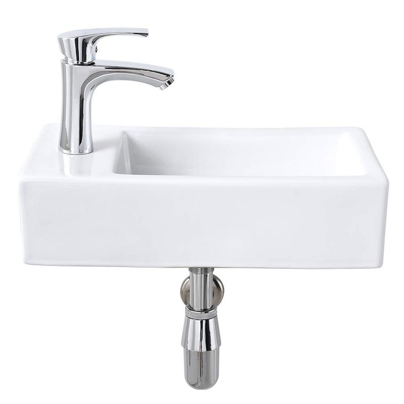 Bokaiya 18 Inch Small Wall Mount Corner Sink Rectangle White Porcelain Ceramic Vanity Corner Sink Left Hand with Faucet and Drain Combo