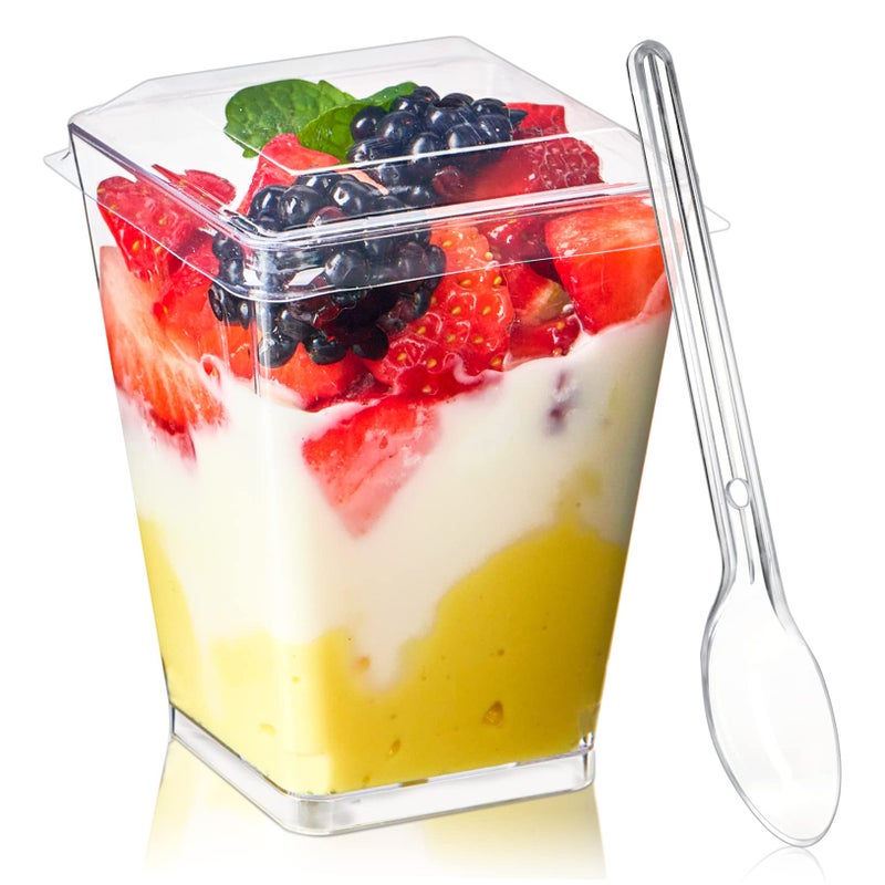 TOFLEN 50 Pack 5 oz Plastic Dessert Cups with Lids for Party Mini Dessert Cups with Spoons Dessert Shooter Cups for Yogurt Parfait Appetizer Pudding Fruit and Ice Cream