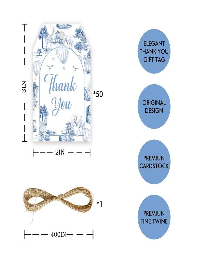 FORSHEEP 50pcs Safari Animal Thank You Tags, Classic Safari Birthday Gift Tag with String for Boy, Dusty Blue Thank You Paper Tags for Jungle Animal Theme Party Favors - Image 2