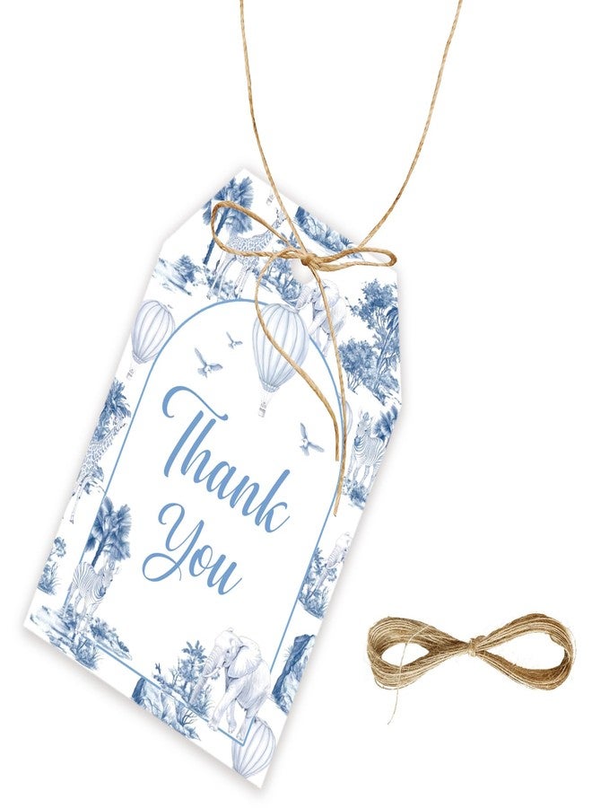 FORSHEEP 50pcs Safari Animal Thank You Tags, Classic Safari Birthday Gift Tag with String for Boy, Dusty Blue Thank You Paper Tags for Jungle Animal Theme Party Favors - Image 1