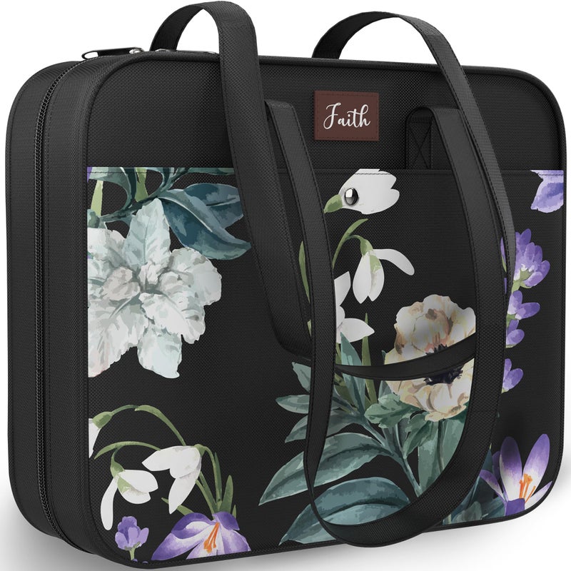 DEHITE Bible Cover Case for Women â€“ Black Floral Carrying Case â€“ Tote Bags Extra Large â€“ Book Size 11.8 x 10 x 4.1 in â€“ Pen Slot â€“ Zippered Pocket â€“ Shoulder Strap â€“ Premium Fabric â€“ Christian Gift - Image 1
