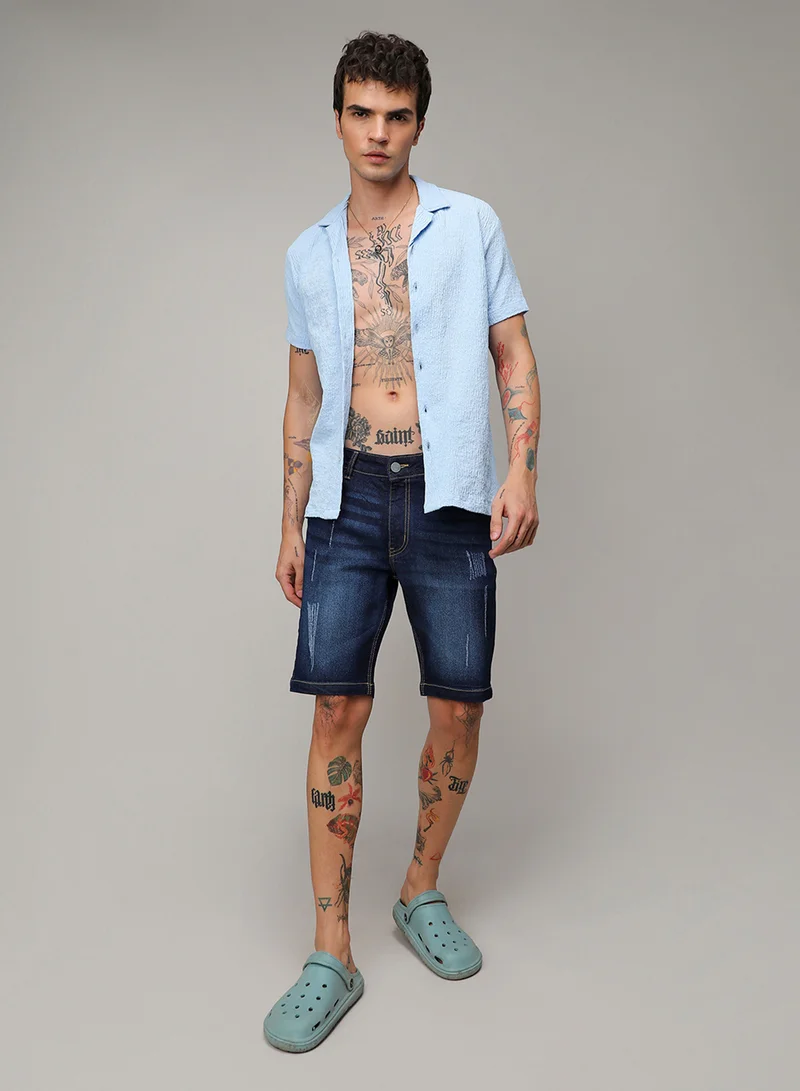 Campus Sutra Men's Black Distressed Rolled Hem Denim Shorts
