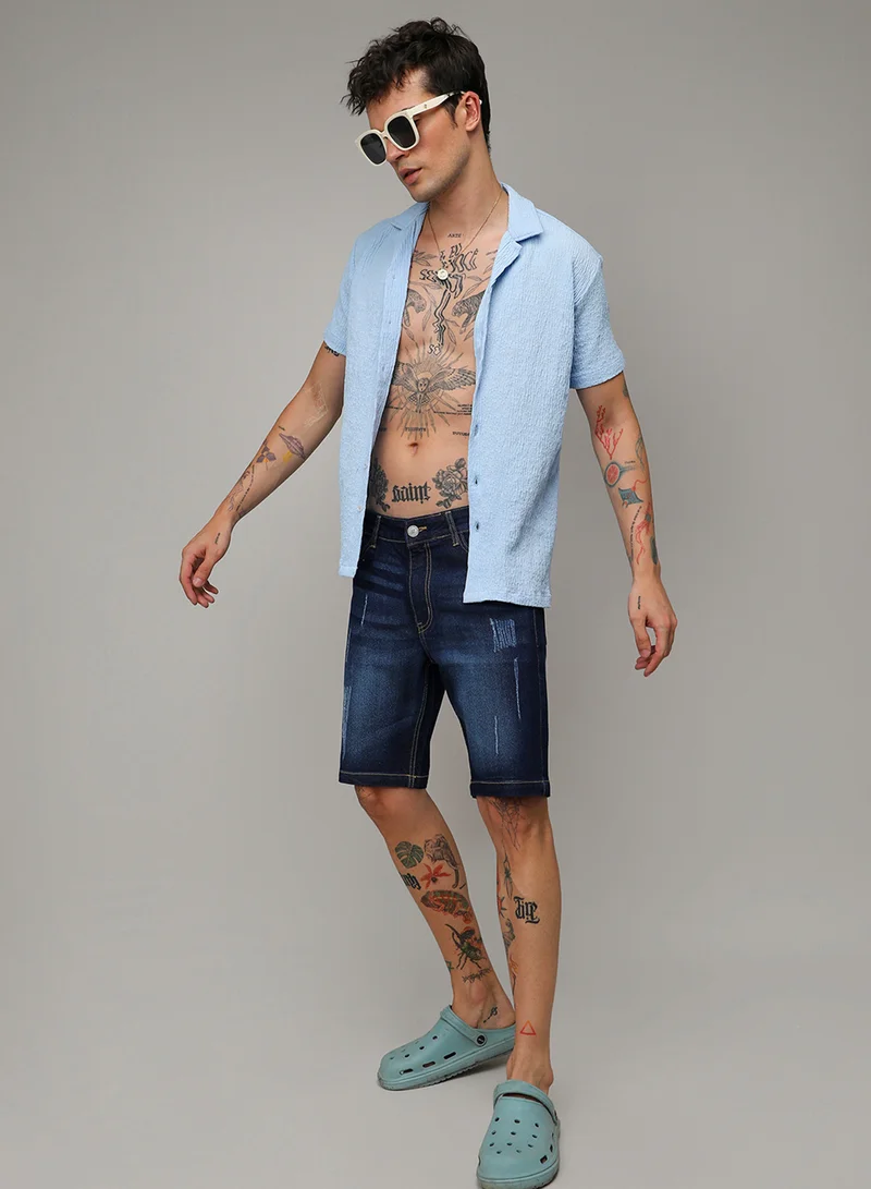 Campus Sutra Men's Black Distressed Rolled Hem Denim Shorts