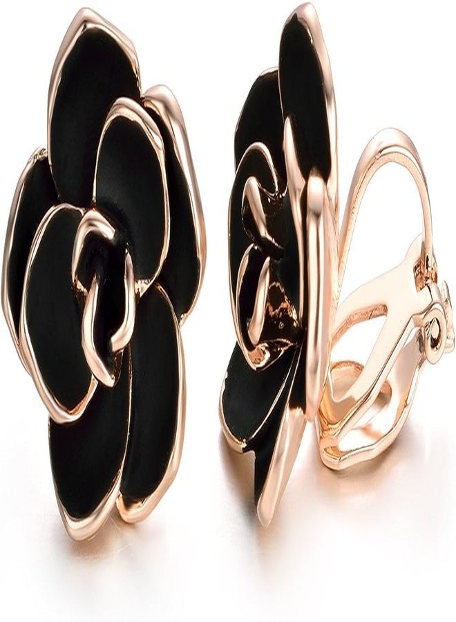 El Regalo Black Rose Flower Vintage Clip On Fake Stud Earrings for Women & Girls - No Piercing Required, Black Gypsy Wild, Gold-Plated Earring Clips for Non-Pierced Ears - Image 5