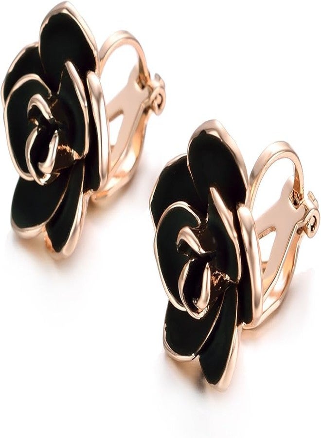 El Regalo Black Rose Flower Vintage Clip On Fake Stud Earrings for Women & Girls - No Piercing Required, Black Gypsy Wild, Gold-Plated Earring Clips for Non-Pierced Ears - Image 1