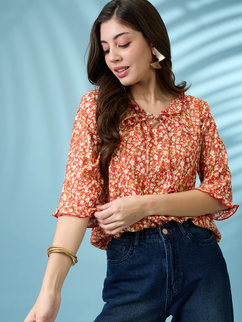 Women Red Tie-Up Neck Floral Print Frill Detail Top