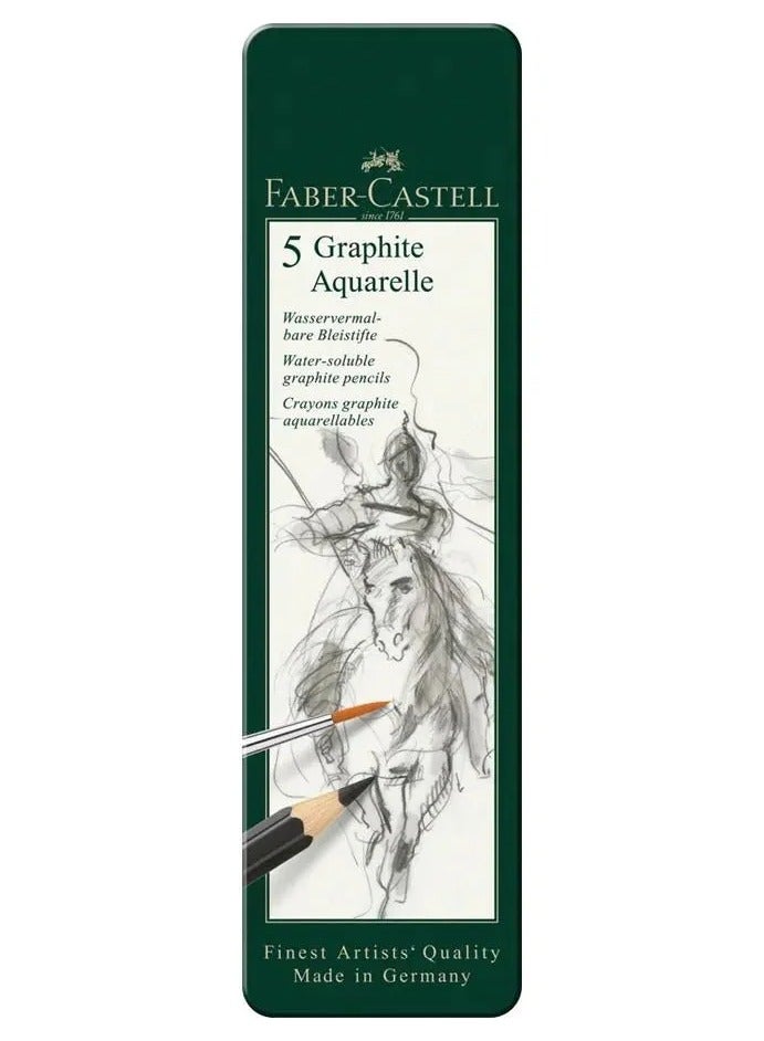Faber-Castell 5 Piece Quality Water-Soluble Graphite Aquarelle Pencils in a Tin, Including HB, 2B, 4B, 6B and 8B - Image 1
