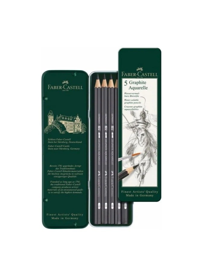 Faber-Castell 5 Piece Quality Water-Soluble Graphite Aquarelle Pencils in a Tin, Including HB, 2B, 4B, 6B and 8B - Image 2