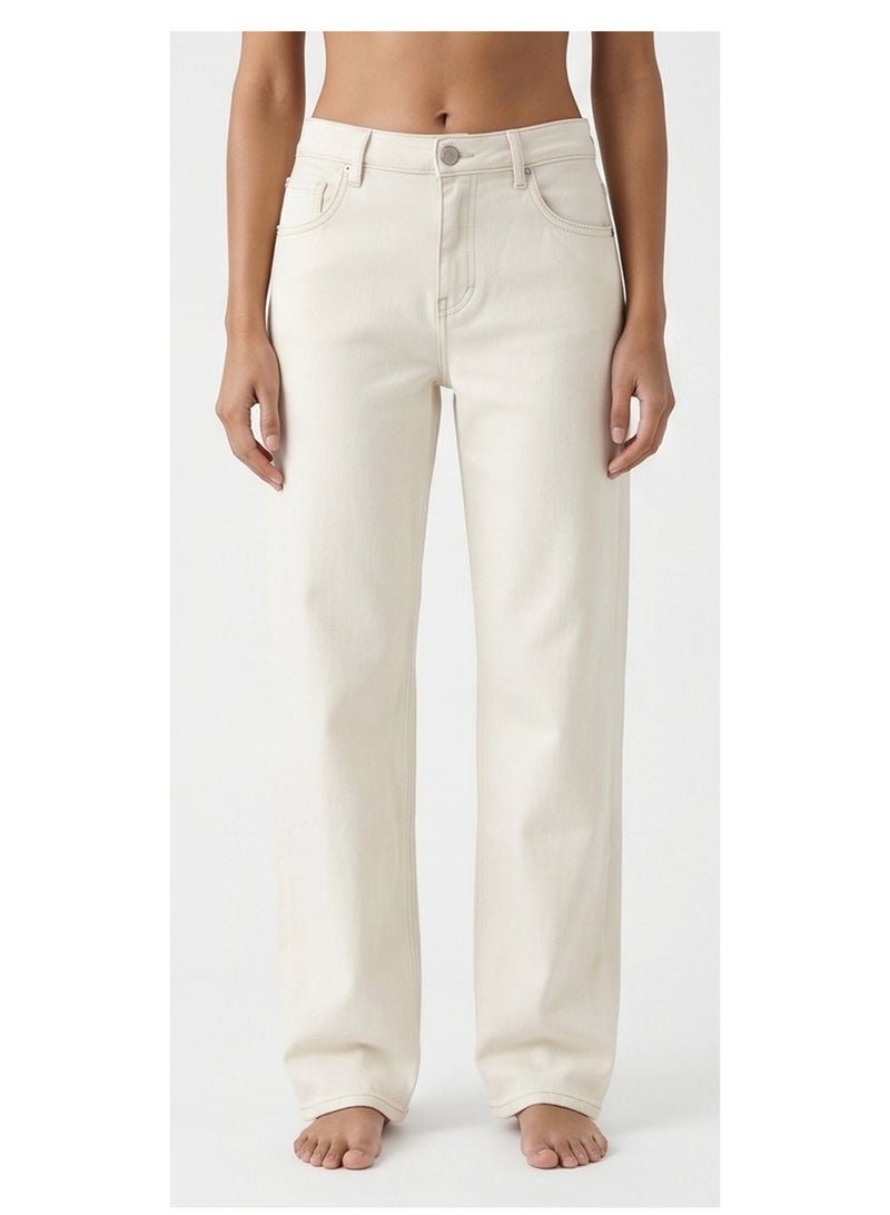 RAVIN Minimalist Beige High-Waisted Straight Leg Jeans - Image 1