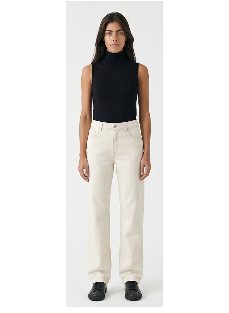 RAVIN Minimalist Beige High-Waisted Straight Leg Jeans - Image 3