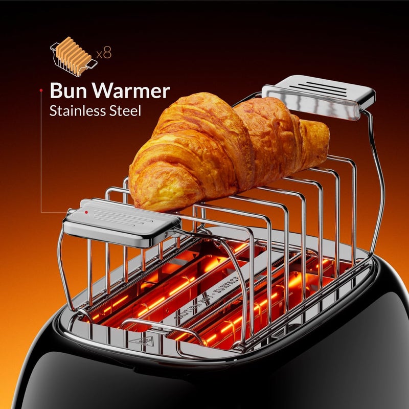 Feller Germany, Retro Style 2-Slice Toaster, 815 W, Steel Body, Dust Cover & foldable Bun Warmer,Defrost, Reheat & Cancel Function,Removable Crumb Tray, TO290, 2Y Guarantee, KSA Version (Glossy Black) - Image 2