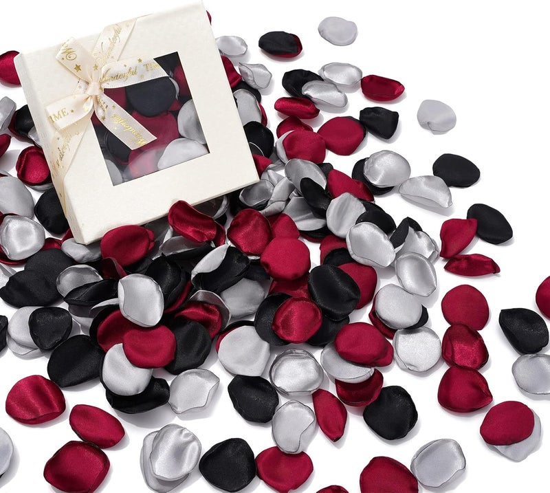 Whaline 300 Pcs Silk Rose Petals with Box Burgundy Black Silver Artificial Flower Petals for Bridal Shower Wedding Aisle Table Centerpieces Reception Tables Romantic Night Decoration - Image 1