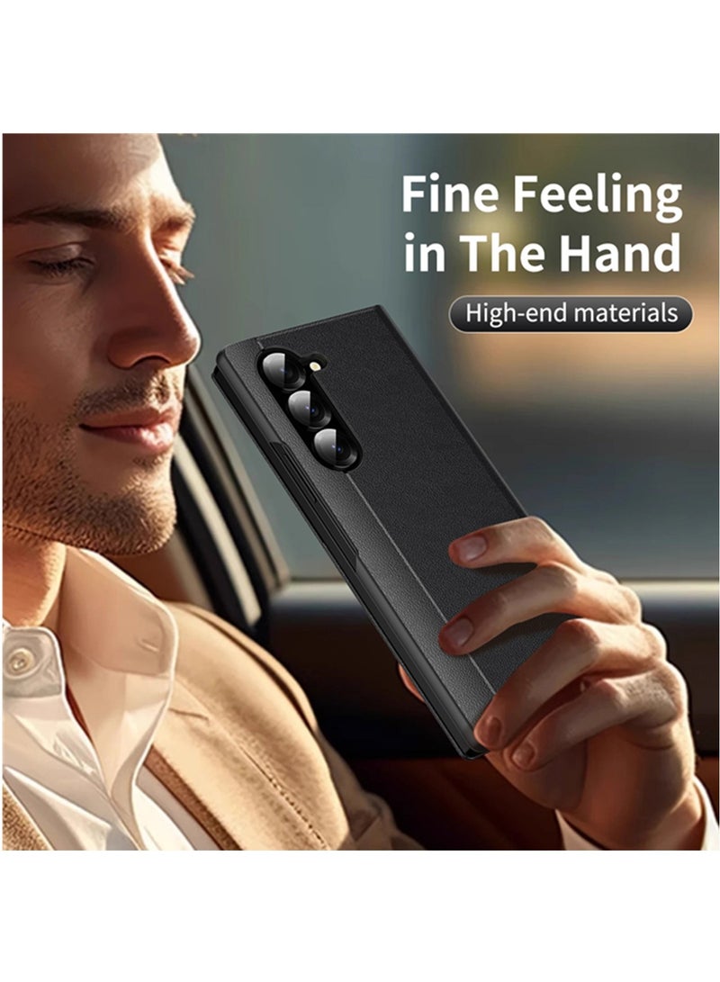 Adando for Samsung Galaxy Z Fold 7 Case, Smart View Window Flip Cover with Magnetic Closure, Built-in Card Slot & Shockproof Full Body Protection Slim Leather Phone Cover (Black) - Image 3