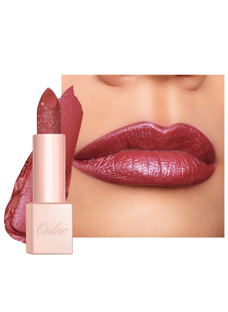 Oulac Oulac Shimmer Rose Lipstick for Women, Infinity High Shine Finish, Hydrating Lip Color Infused with Damask Rose Oil for All-Day Comfort, Gluten-Free Vegan Beauty, D04 Brunt Rose 