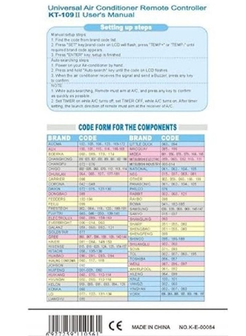 Kt-109II Multi-Colorful Universal A/C Remote Control for Air Conditioner, User Friendly AC Air Conditioning/Conditioner Remote Control Compatible - Image 5