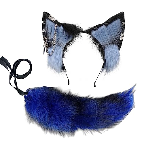 VIGVAN Fox and Wolf Cosplay Costume - Fluffy Ear and Tail Set for Halloween (Black Blue) - Image 1