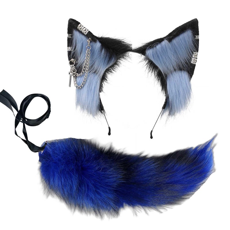 VIGVAN Fox and Wolf Cosplay Costume - Fluffy Ear and Tail Set for Halloween (Black Blue) - Image 4