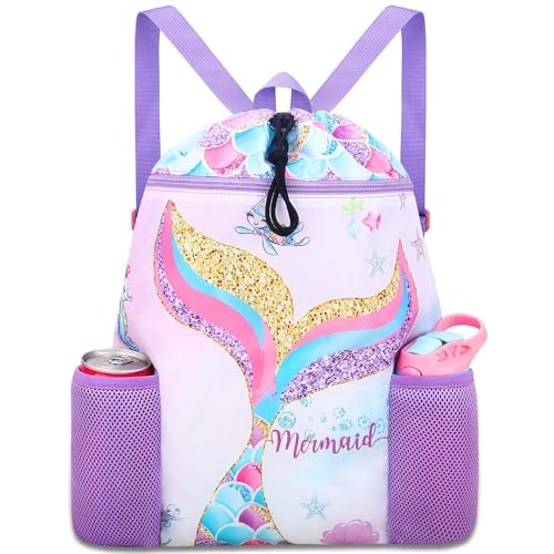 RHCPFOVR Mermaid Swim Bags for Kids Drawstring Backpack for Girls Beach Swimming Pool Lightweight Draw String Bags Waterproof Sports Gym Bag With Two Water Bottle Holder - Image 1