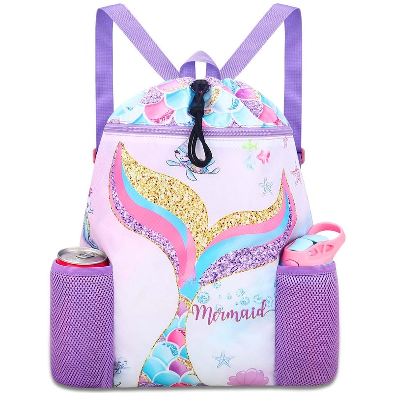 RHCPFOVR Mermaid Swim Bags for Kids Drawstring Backpack for Girls Beach Swimming Pool Lightweight Draw String Bags Waterproof Sports Gym Bag With Two Water Bottle Holder - Image 2