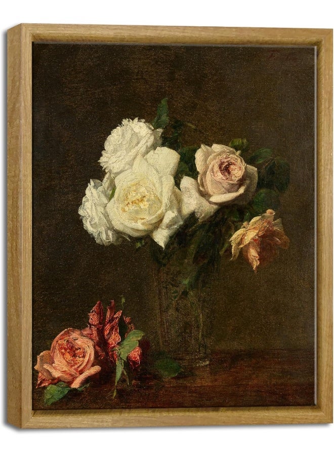 Pyradecor Vintage Canvas Wall Art Retro Natural Wood Framed Home Decor Roses Paintings Pictures Canvas Prints Mid Century Wall Decor for Living Room Office Farmhouse Kitchen Decorations - Image 1
