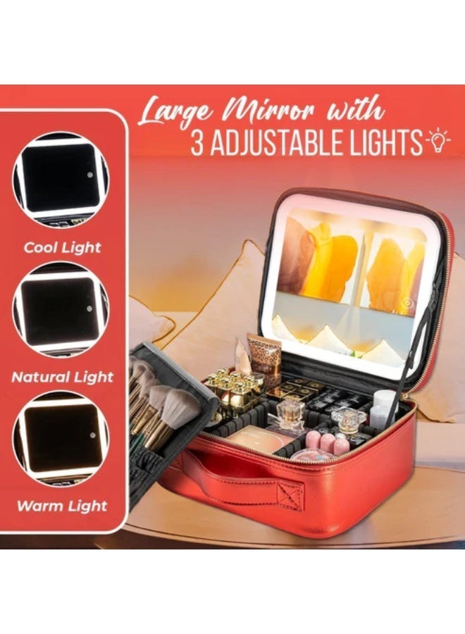 Smart LED Makeup Bag with Lighted Vanity Mirror | Rechargeable Travel Cosmetic Organizer Case (3 Color Modes, PU Leather) - Image 3