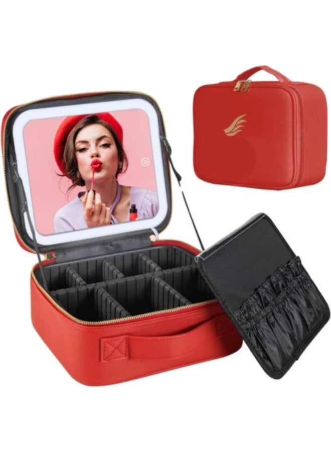 Smart LED Makeup Bag with Lighted Vanity Mirror | Rechargeable Travel Cosmetic Organizer Case (3 Color Modes, PU Leather) - Image 1