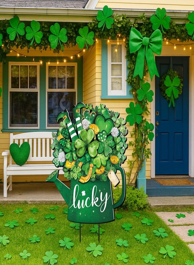 Memorywuu Metal St Patricks Day Decoration Outdoor Green Shamrock Leprechaun Yard Sign Stake 14.2 Inches Welcome Irish Mason Jar Yard Decor Clover Lawn Decor for Home Garden Patio Lawn - Image 3