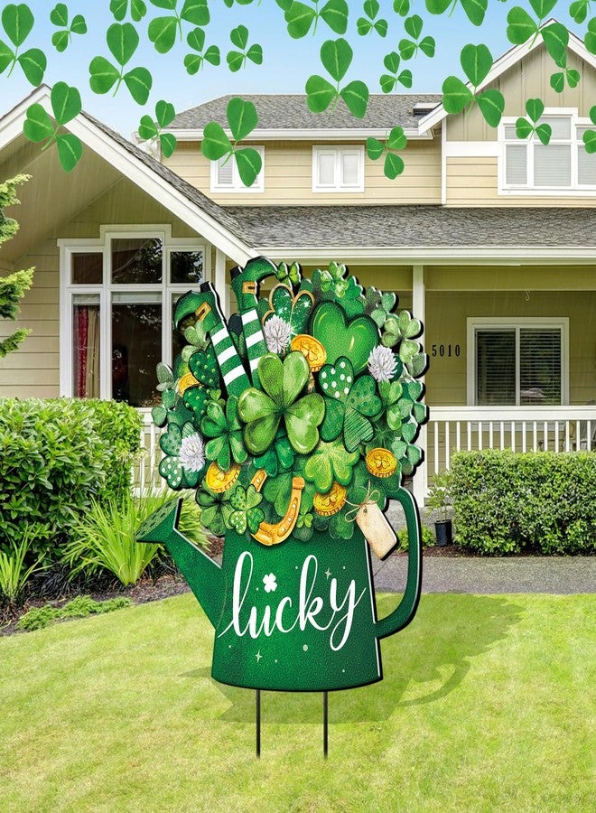 Memorywuu Metal St Patricks Day Decoration Outdoor Green Shamrock Leprechaun Yard Sign Stake 14.2 Inches Welcome Irish Mason Jar Yard Decor Clover Lawn Decor for Home Garden Patio Lawn - Image 1