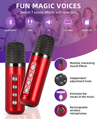 JIEFOCH Mini Karaoke Machine for Adults and KidsPortable Bluetooth Karaoke Speaker for TV with 2 Wireless Microphones PA Speaker System for Indoor Outdoor Party Family Party Singing Red Black - Image 3