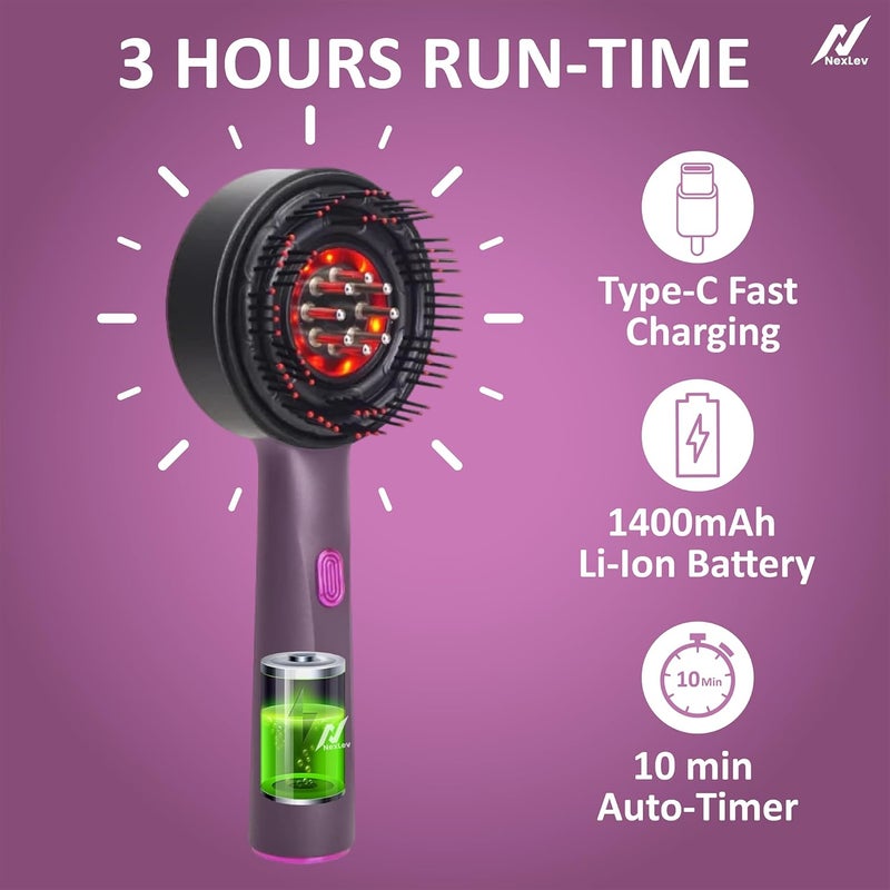 nexlev مشط تطبيق الزيت | علاج الضوء الأحمر LED | تعزيز نمو الشعر | تقليل قشرة الرأس | تخفيف التوتر | جهاز تدليك فروة الرأس/الرأس الكهربائي عالي الاهتزاز | خزان زيت سعة 6 مل | وقت تشغيل 2 ساعة | نوع-C | EA-02 - Image 4