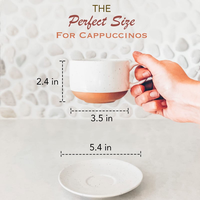 Mora Ceramics 8oz Cappuccino Mug Set of 4 - Ceramic Coffee Cups with Saucers - Microwave and Dishwasher Safe, Perfect For Tea, Espresso, Latte - Porcelain Mugs for Kitchen or Cafe - Vanilla White - Image 2