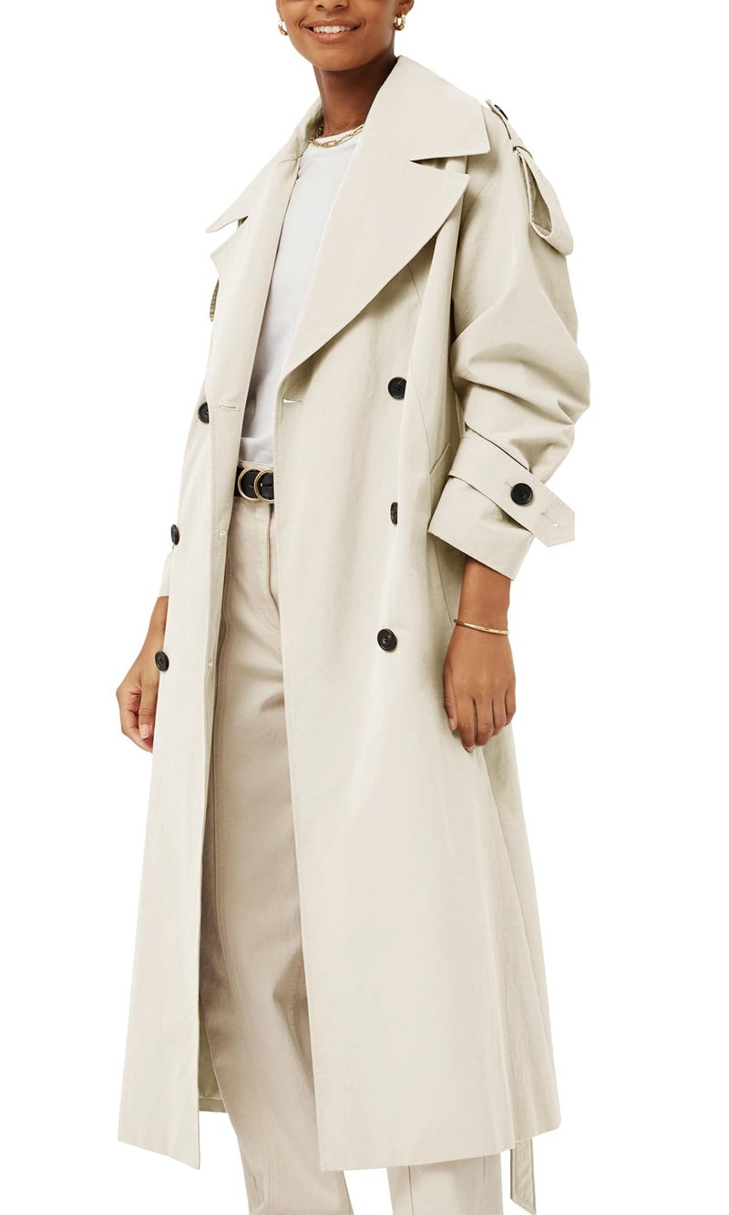 Farktop Womens Oversized Long Trench Coat Double Breasted Lapel Windproof Overcoat with Belt - Image 2