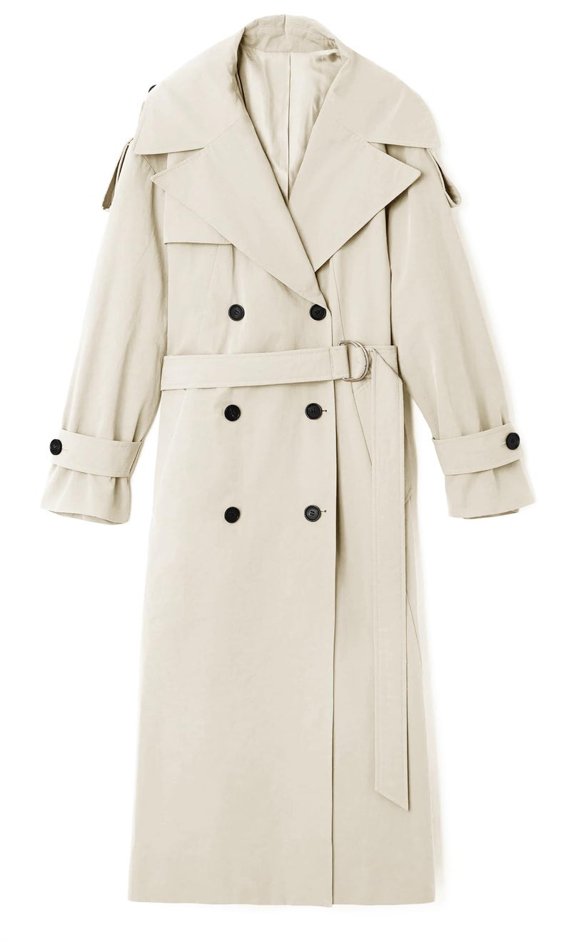 Farktop Womens Oversized Long Trench Coat Double Breasted Lapel Windproof Overcoat with Belt - Image 4