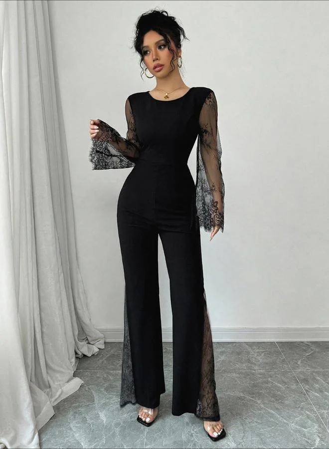Take Two Black Flared Jumpsuit with Lace Sleeves