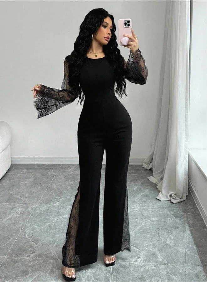 Take Two Black Flared Jumpsuit with Lace Sleeves